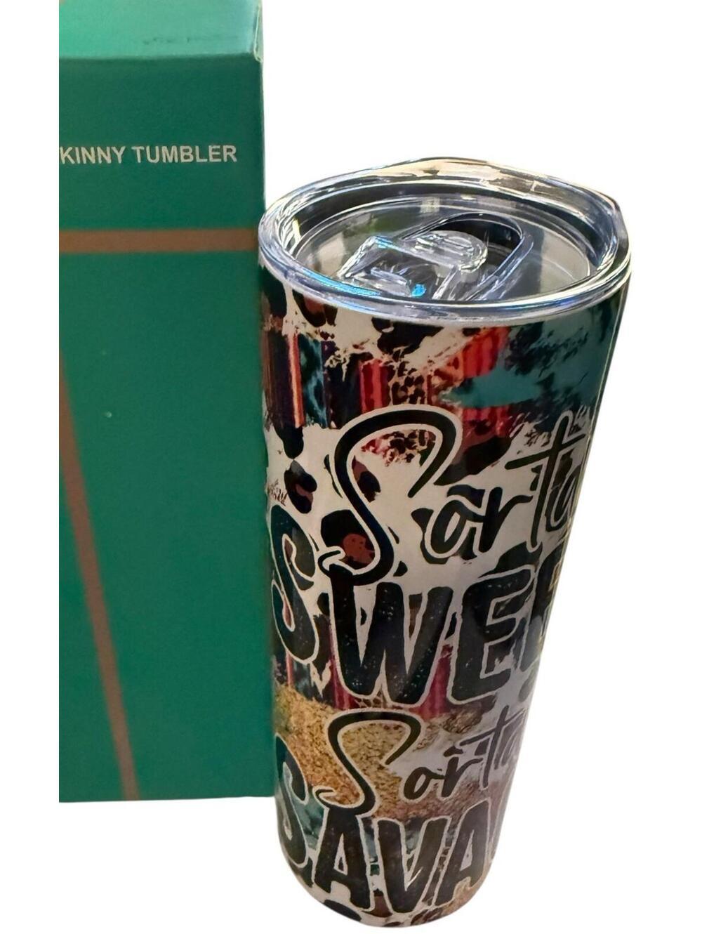 Stainless Steel 20oz Skinny Tumbler Lid & Straw ‘Kinda Sweet Kinda Savage’ Funny